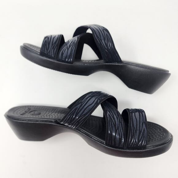Crocs Sandals Women 8 Molalla II Black Rubber Animal Print Criss Cross Wedge - Picture 6 of 10